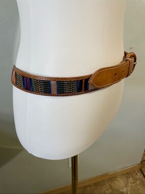 Boho Western Woven Tapestry Leather Belt Multicolor Brown Covered Buckle Sz 38
